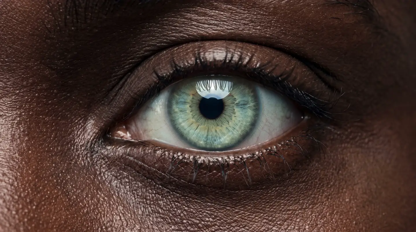 Extreme macro of an eye on deep skin — scroll: one blink opens a whole day on a Rio beach