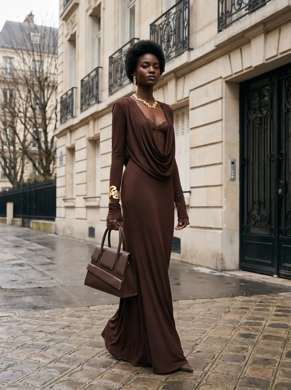 Full view of the chocolate gown and brown handbag on a stone street