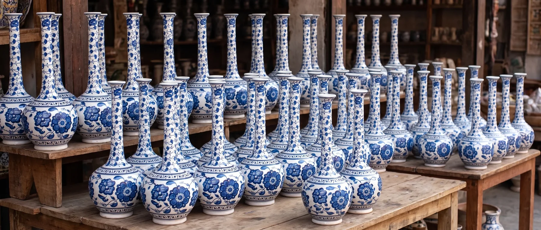Rows of blue-and-white long-necked vases on wooden shelves in a film frame